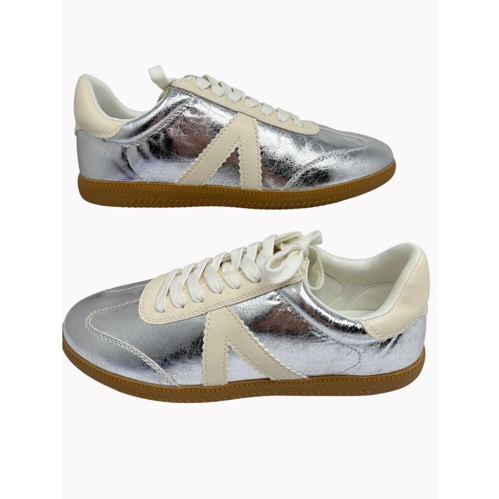MIA girl Womens 9.5 Silver Metallic Lace Up Sneakers Cream Accents New